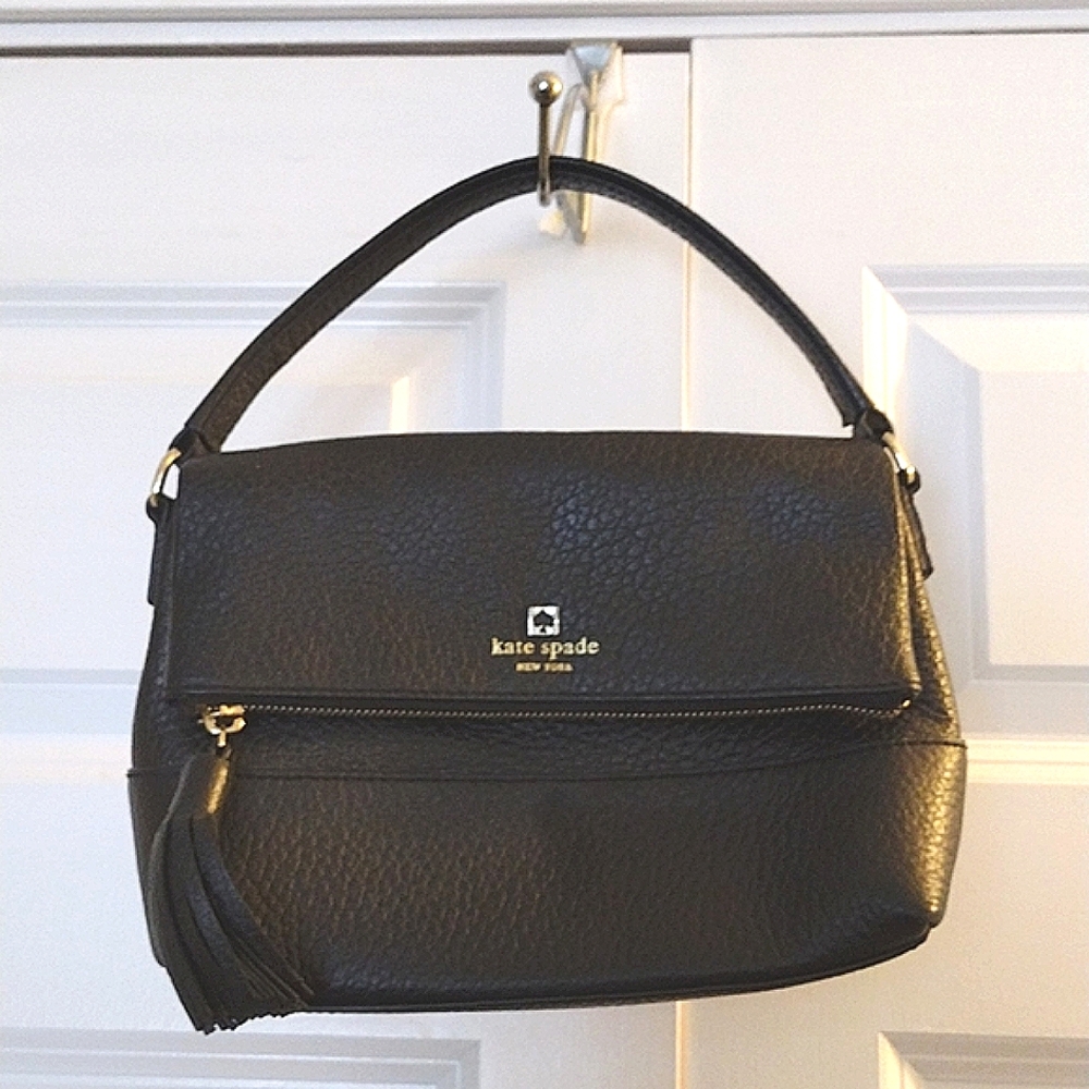 KATE SPADE Black Pebbled Leather Fold Over Zip Closure Tassel Stripped Lining